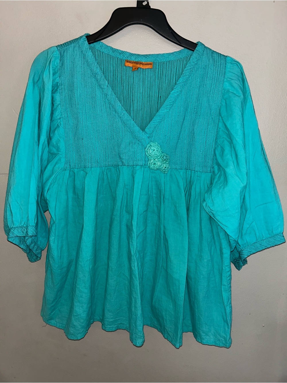 Roberta Freymann Shirt - turquoise pintucked flowy short sleeve blouse